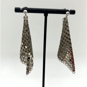 Vintage Silver-Tone Mesh Dangle Earrings Two-Tone Geometric Chic Chainmail